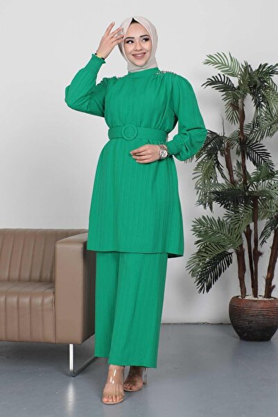 Modamihram Stone Detailed Belted Suit Green Msw19112