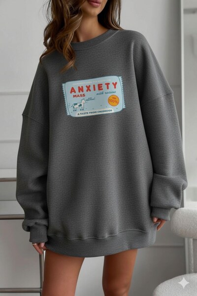 The Champ Clothing Γυναικείο φούτερ oversized Anxiety Bar με τύπωμα Smoked Melange– Crew Neck, 3 Thread Fleece