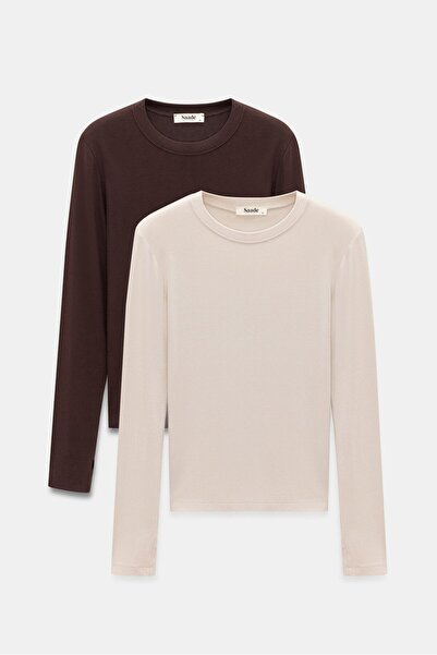 Saade Kadın Bisiklet Yaka Parmak Geçmeli Uzun Kollu Body/Bluz - 2'li Paket