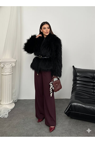 A&O Style Women's Oversized Comfortable Fit Collared Furry Soft Textured Belted Fur Coat