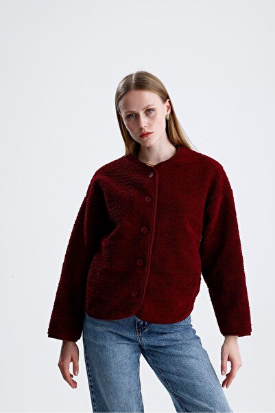 VAPUR TEKSTİL Fleece-lined button-down plush jacket - burgundy