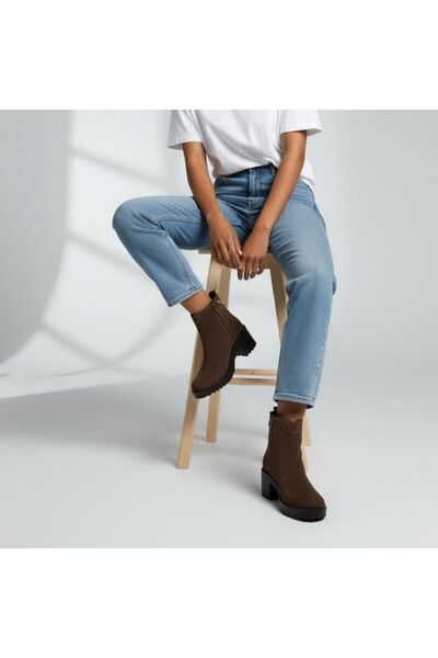 NE&VE SHOES Brown Suede Genuine Leather Women's Thick Heeled Boots with Gold ...