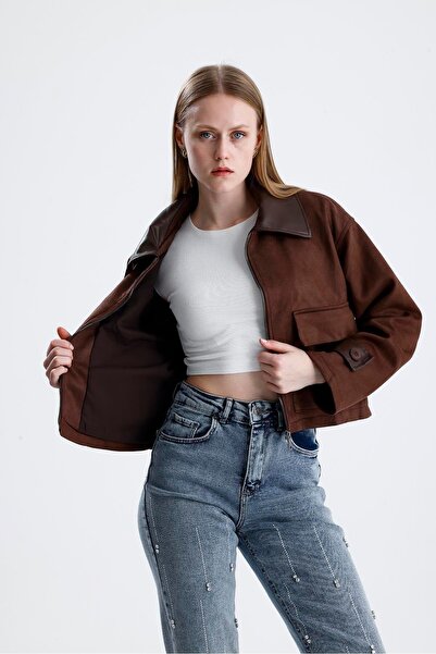 VAPUR TEKSTİL Leather Detailed Zippered Short Suede Jacket - Brown