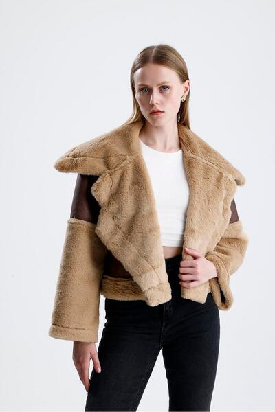 VAPUR TEKSTİL Wide Collar Sleeve Plush Suede Distressed Coat - Camel