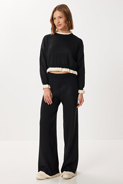 Lovelyİstanbul Kontrast Şeritli Alt-Üst Triko Takım LCI0061 SİYAH