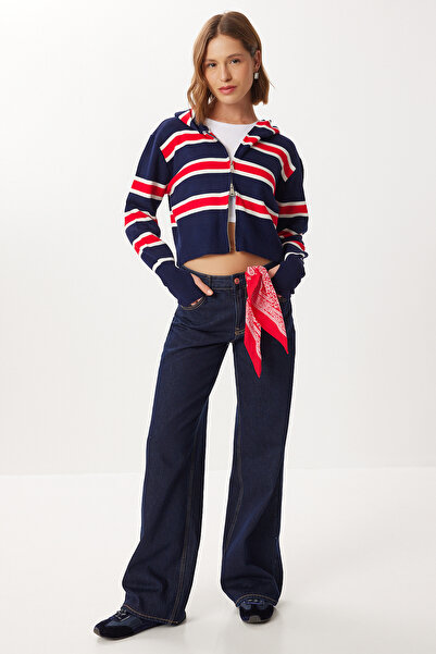 Lovelyİstanbul Finger Interlocking Hooded Striped Knitwear Cardigan Lmt0048 Dark Blue