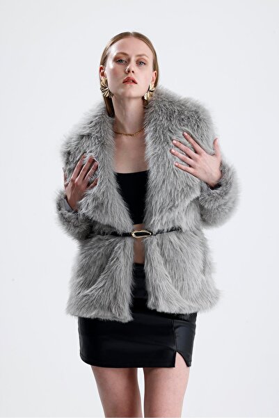 VAPUR TEKSTİL Leather belted fur coat - grey
