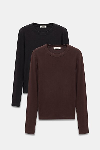 Saade Kadın Bisiklet Yaka Parmak Geçmeli Uzun Kollu Body/Bluz - 2'li Paket