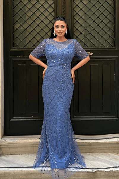 giyimmasalı Φόρεμα με σχέδιο από ύφασμα με χάντρες - ΜΠΛΕ ΙΝΔΙΓΟ