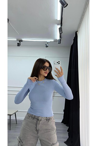 Daves Bluză albastră cu mânecă lungă, cu șireturi, țesătură elastică