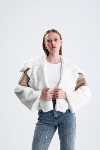 VAPUR TEKSTİL Wide Collar Sleeve Plush Suede Distressed Coat - Beige-Ecru