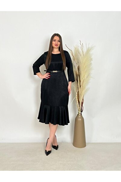 DE WHITES Plus size belted dress with fish detail bottom skirt part