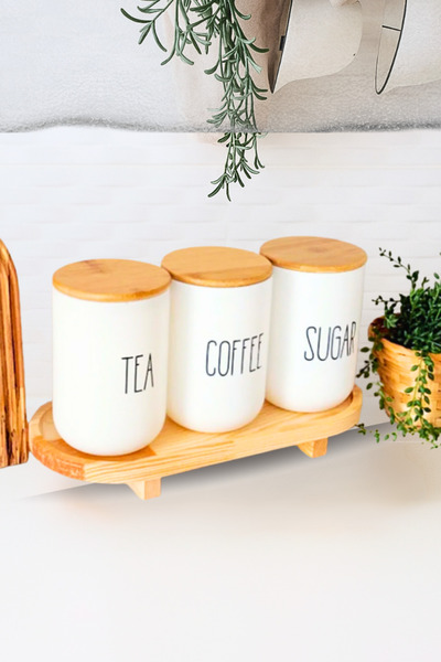Penthouse Wooden Stand and Set of 3 Tea/Coffee/Sugar Glass Jars (1000 ml)