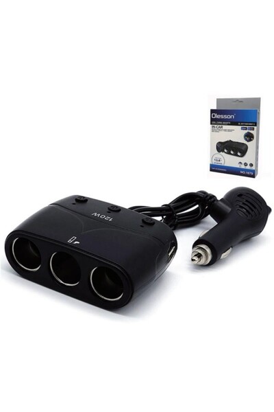 OEM Încărcător Auto Olesson cu 3 Prize și 2 Porturi USB si voltmetru