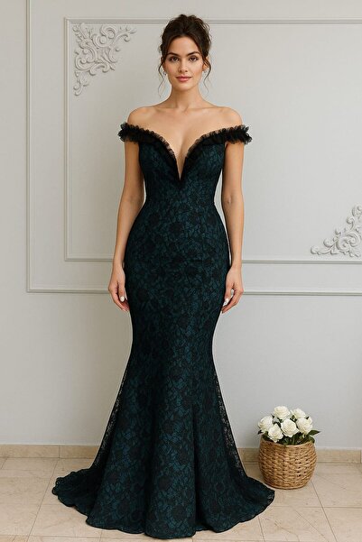 KADİR KORKMAZ GİYİM Yaka Çiçekli Balık Model Kuyruklu Astarlı Dantel Abiye El...