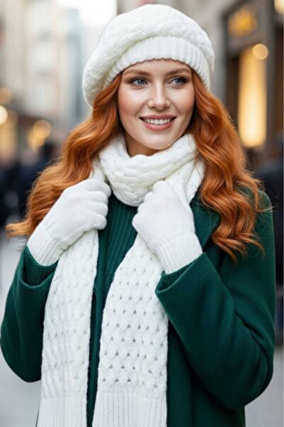Trenderrs Women's 3-Piece Knitted Patterned Beanie Scarf Gloves Set