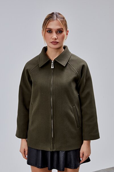 Bolivente Khaki Oversized Zippered Cashmere Jacket