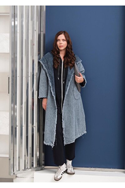 CELT Women's Pocketed Hooded Oversized Double-Breasted Denim Coat - Cap