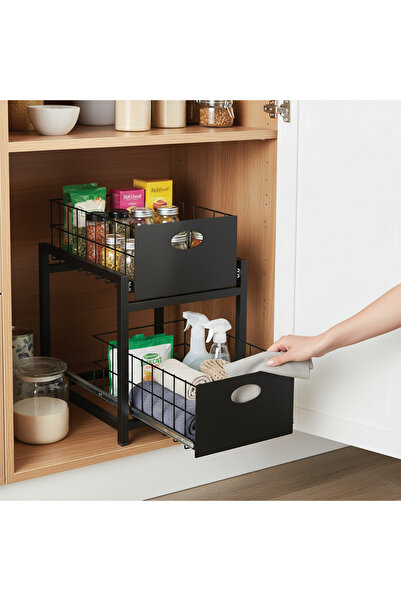 decorelax Coș organizator negru cu 2 sertare – 25x42 cm, sistem pe șine, util...