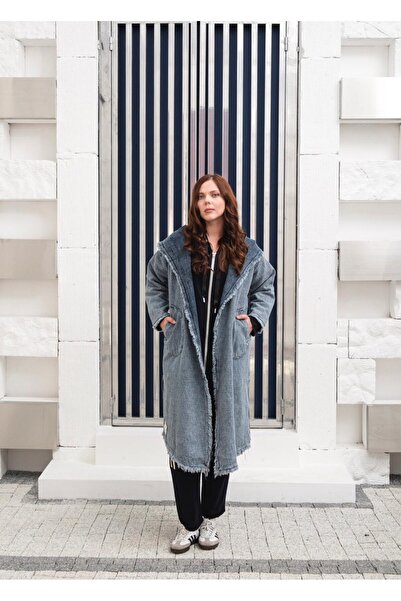 CELT Women's Pocketed Hooded Oversized Double-Breasted Denim Coat - Cap