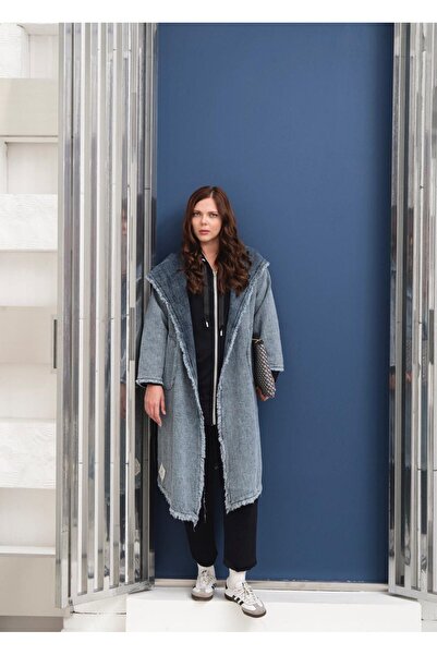 CELT Women's Pocketed Hooded Oversized Double-Breasted Denim Coat - Cap