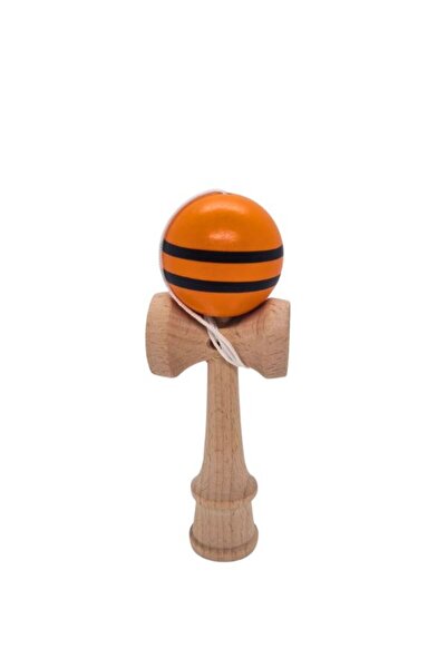 OEM Mini Kendama din Lemn 12 cm cu Bilă Portocalie Lucioasă și Dungi Negre – Joc de Dexteritate