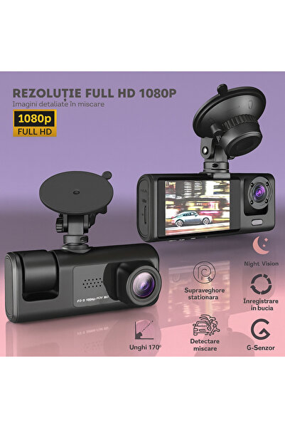 Super CAMERĂ AUTO TRIPLĂ FULL HD 3-ÎN-1 – FAȚĂ / SPATE / INTERIOR + CARD MEMORIE