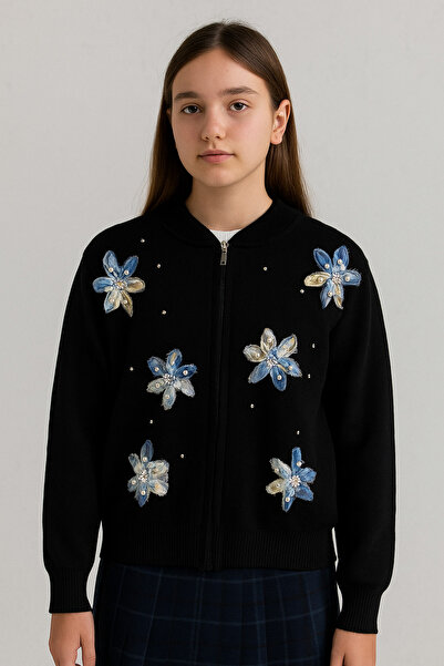 AVSARWEAR Girl's Zippered Tulle Floral Detailed Knitwear College Cardigan