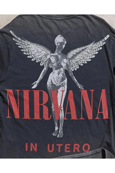 Overdrive Μπλουζάκι Nirvana In Utero Anjelofer με τύπωμα Vintage Washed Grey oversized με κοντό μανίκι ροκ