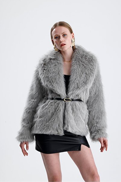 VAPUR TEKSTİL Leather belted fur coat - grey