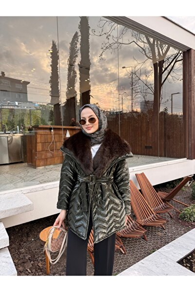 LOCCO Palton de damă cu detaliu de blană la guler, cu legături în talie, verde închis