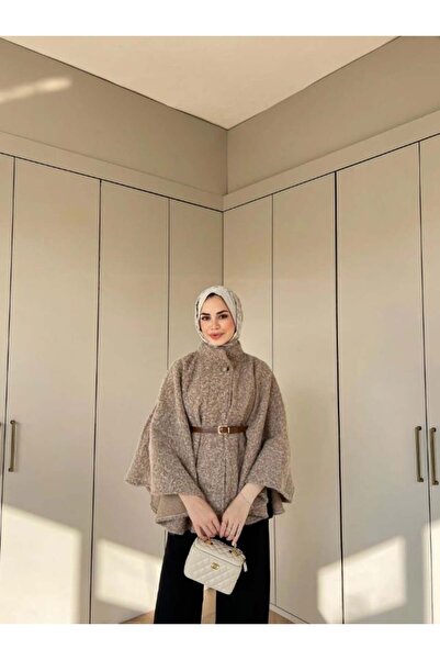 demet's collection JASMİN Kemerli Düğmeli Kaşe Panço