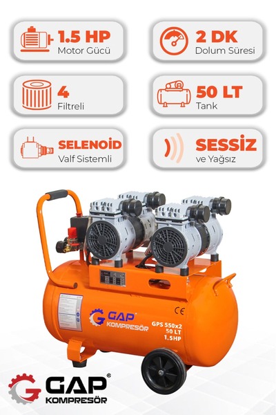 GAP KOMPRESÖR Hava Kompresörü Sessiz ve Yağsız 50LT GPS550X2