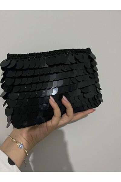 Handmade siyah pullu el örgüsü makrome şık el çantası