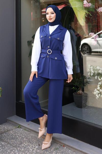 Modamihram Vest Set Set Indigo Msw19249-2 with Ornamental Pocket Detail