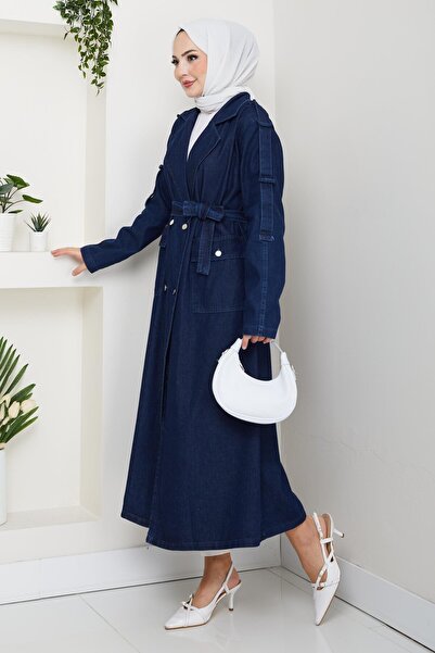 Hb Harma Time Butik Women's Belted Denim Navy Blue Trench Coat with Pockets