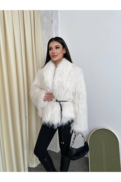 A&O Style Women's Oversized Comfortable Fit Collared Furry Soft Textured Belted Fur Coat