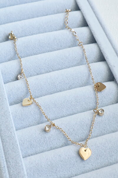 DEMOKAN Women's Steel Anklet Row Heart Round Zircon Stone Non-Tarnish Anklet