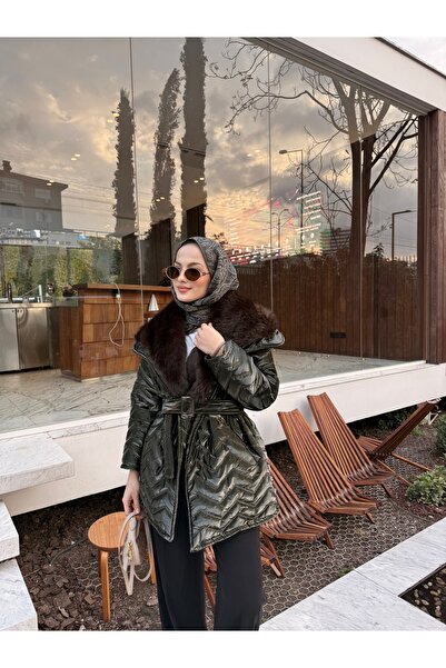 LOCCO Palton de damă cu detaliu de blană la guler, cu legături în talie, verde închis