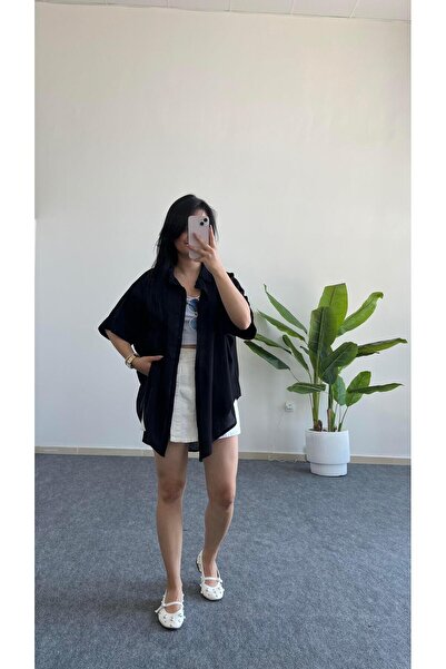 Pera Asimetrik Kesim Keten Gömlek - Siyah