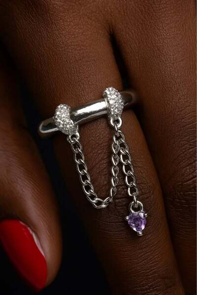 TAKIŞTIR Silver Color Stone Detailed Dangle Adjustable Ring