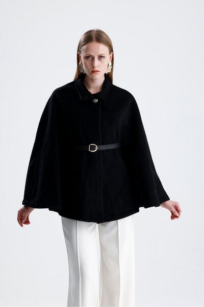 VAPUR TEKSTİL Leather Belted Cashmere Poncho - Black