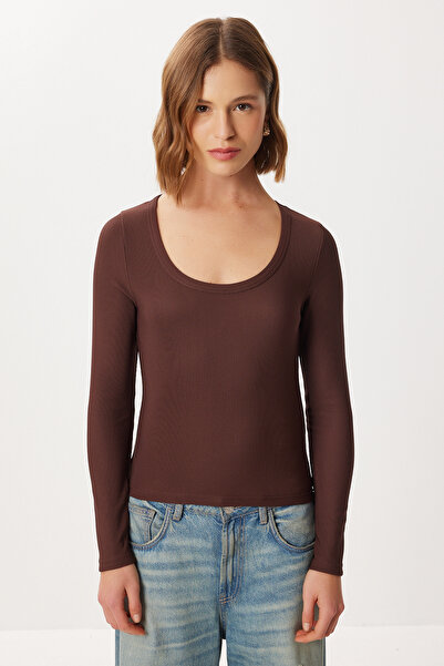 Lovelyİstanbul U Neck Basic Corded Fabric Knitted Blouse Lby0018 Brown