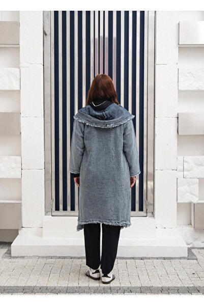 CELT Women's Pocketed Hooded Oversized Double-Breasted Denim Coat - Cap