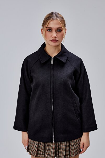 Bolivente Black Oversized Zippered Cashmere Jacket