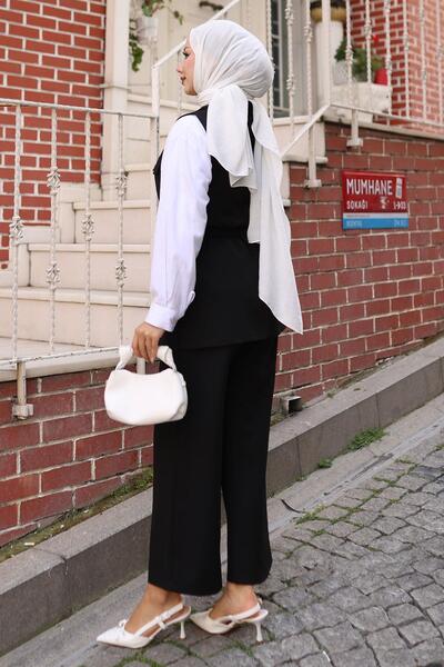 Modamihram Vest Set Set Black with Ornamental Pocket Detail Msw19249-1