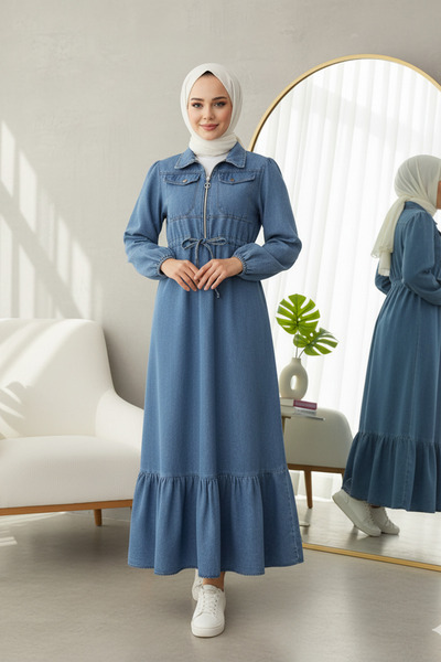 FERHEL Γυναικείο μακρύ τζιν φόρεμα με φερμουάρ 2 τσέπες και ζώνη