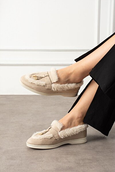 FUGA MODA Ravon Beige Suede Mini Accessory Plush Striped Detail Loafer Ballet Casual Shoes