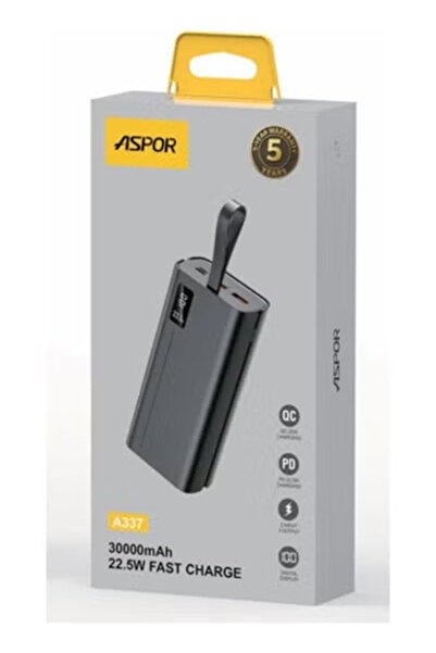 Aspor A337 Power Bank with 30000mAh capacity and 22.5W fast charging