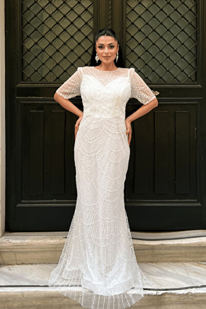 giyimmasalı Full Beaded Fabric Design Dress - White